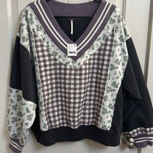 NWT Free People sz L Lucy Sweatshirt  Gingham and Floral mixed fabric